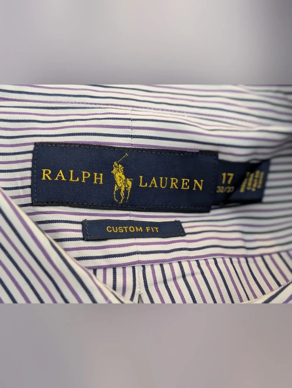 Ralph Lauren Mens Navy Purple White Pinstripe Button-Down Dress Shirt 17 32/33